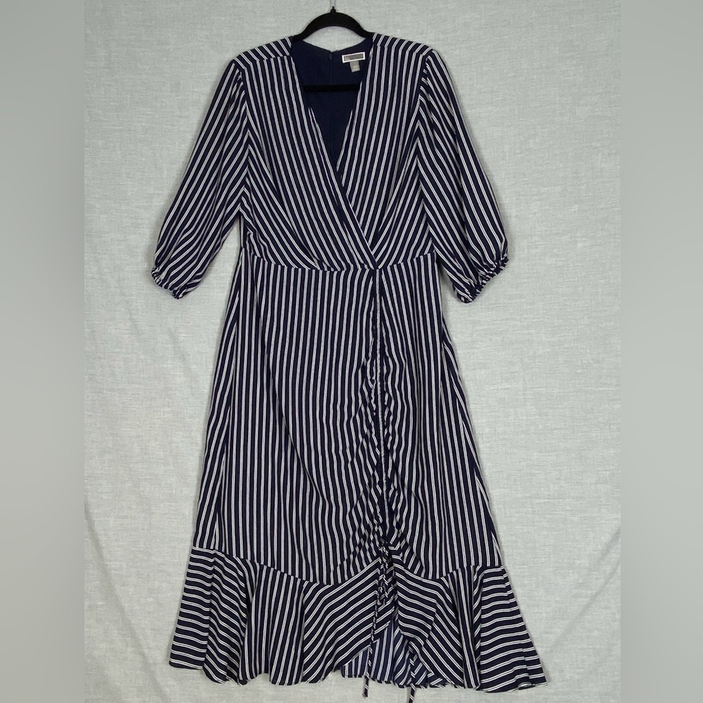 Chelsea 28 Midi Dress Cross Front Ruching Sz Large Navy Stripes